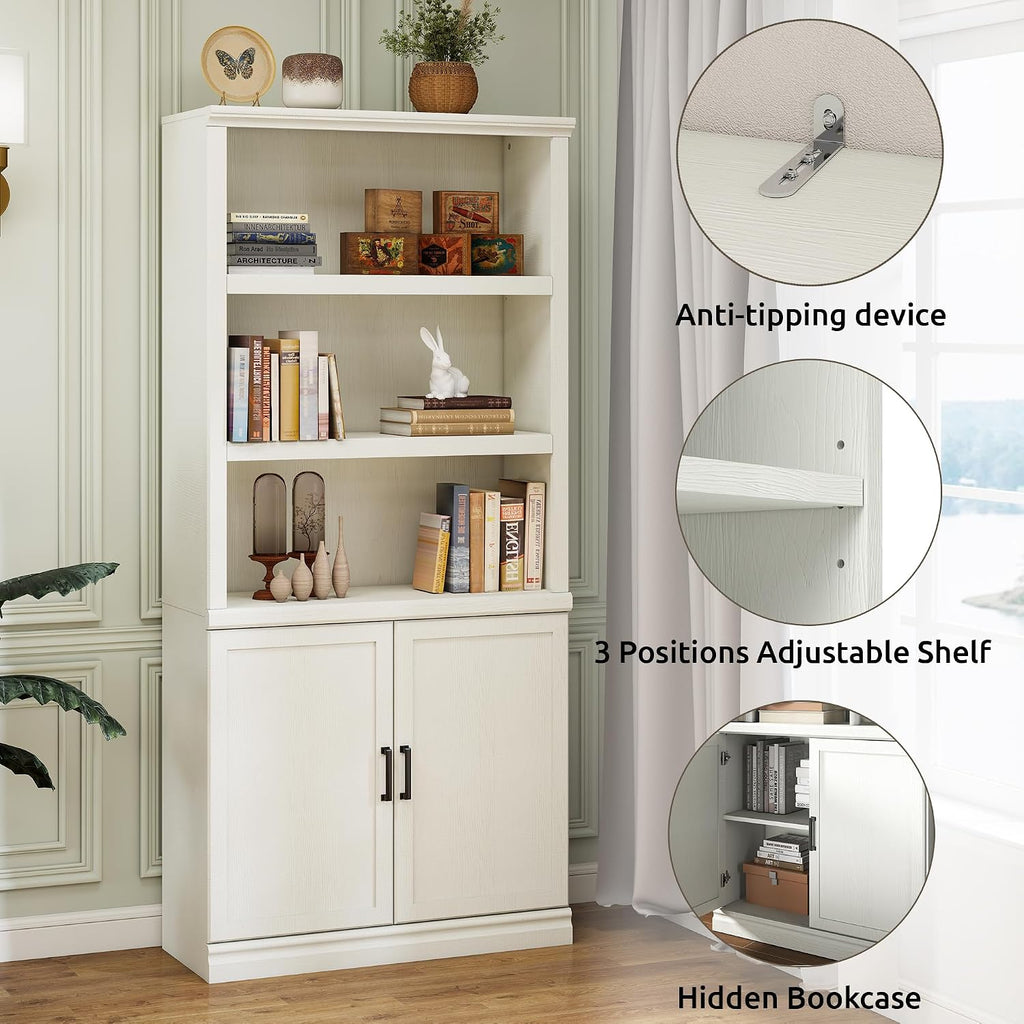 White Adjustable Bookcase with Storage Doors