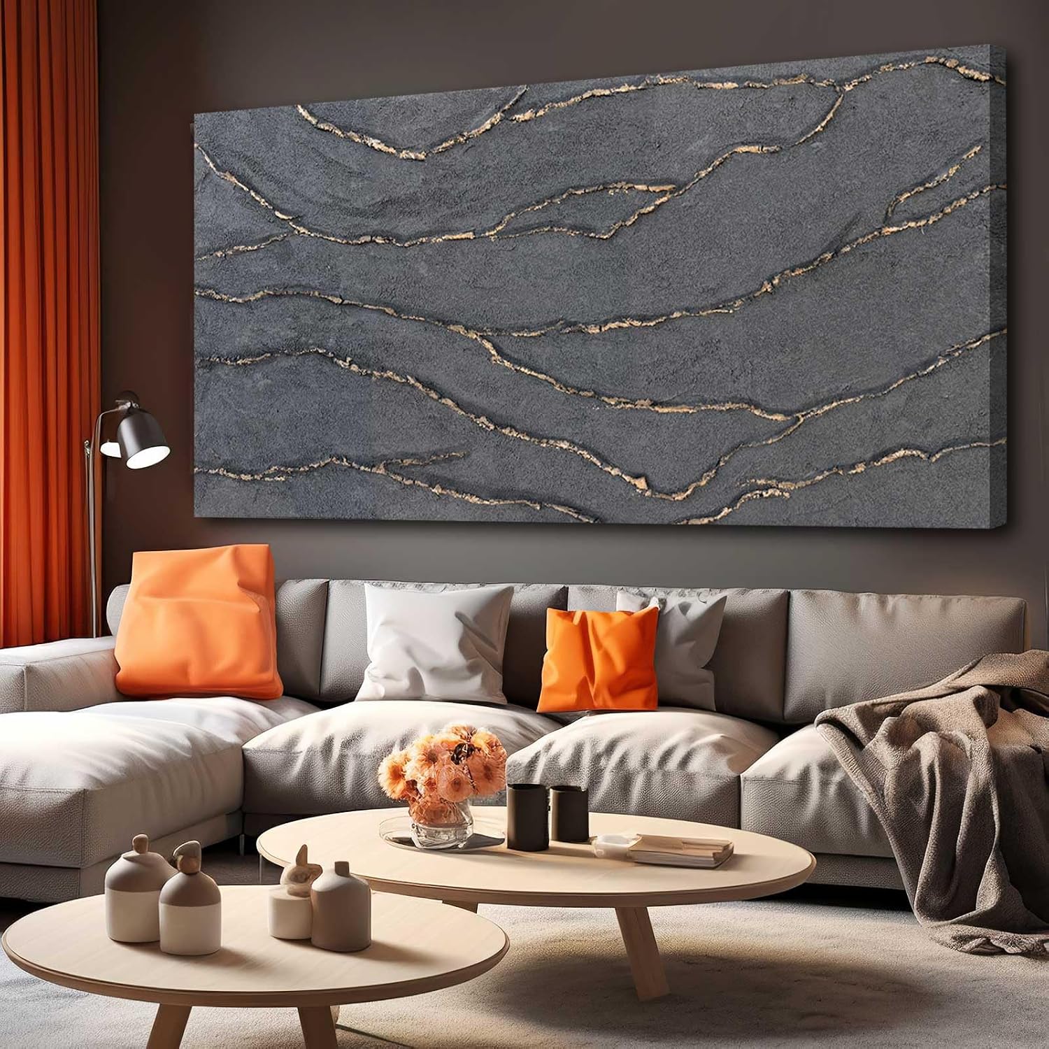 Hand Painted Gold Grey Textured Abstract Canvas Wall Art 29x58 Inch