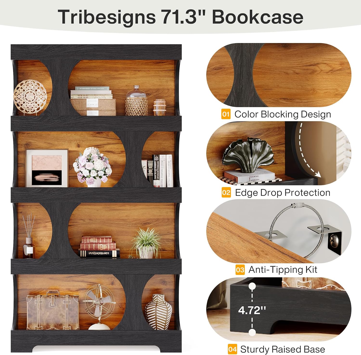S-Shaped 4-Tier Wood Display Bookcase