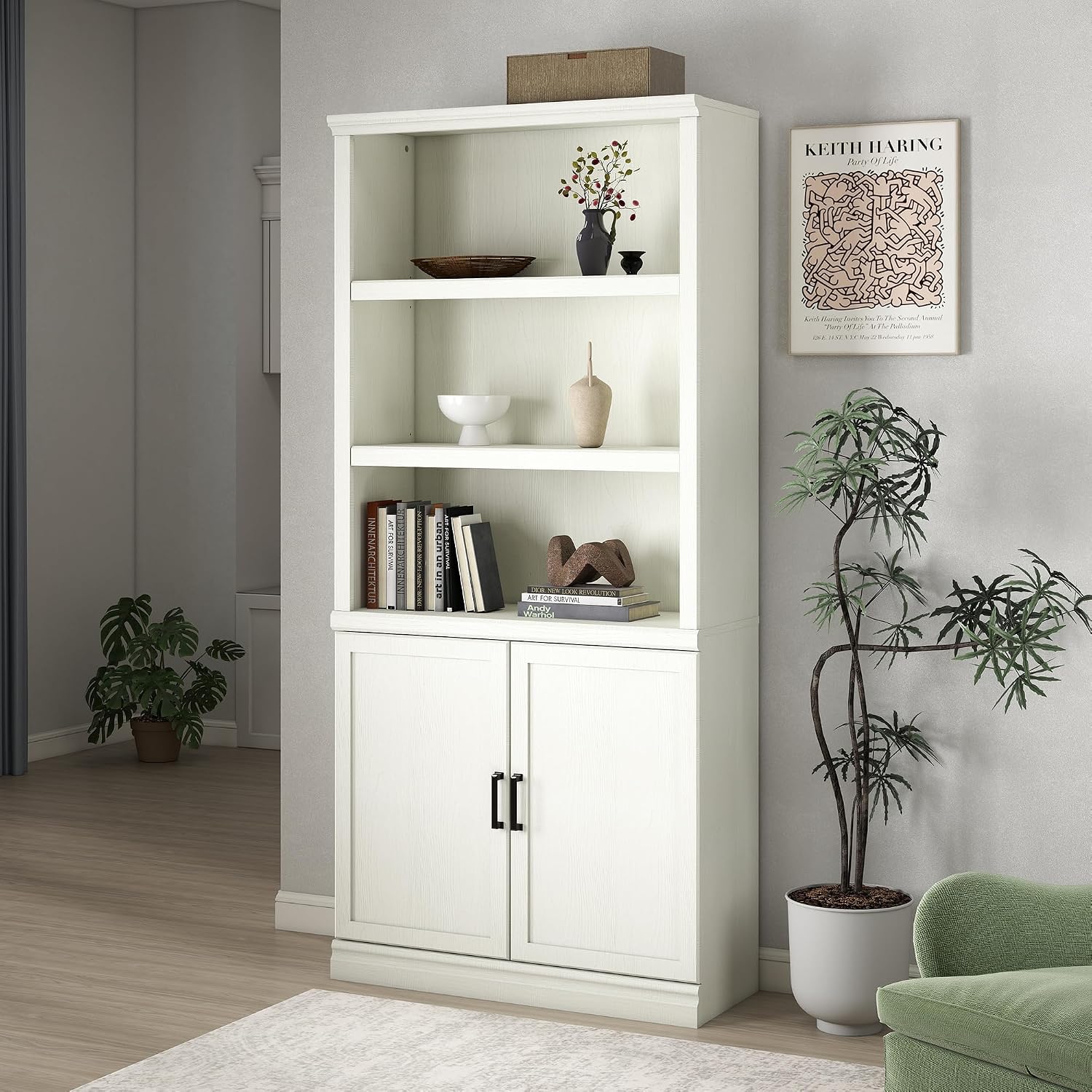 White Adjustable Bookcase with Storage Doors