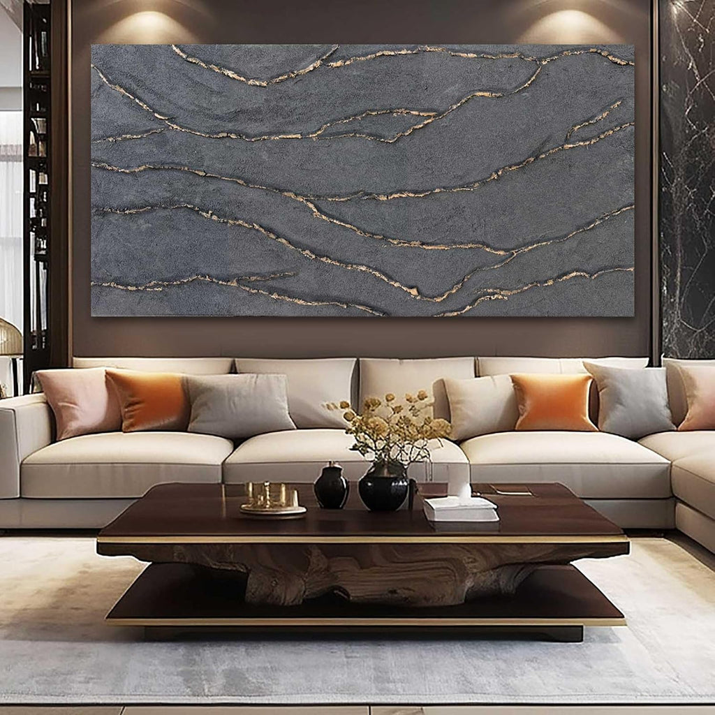 Hand Painted Gold Grey Textured Abstract Canvas Wall Art 29x58 Inch