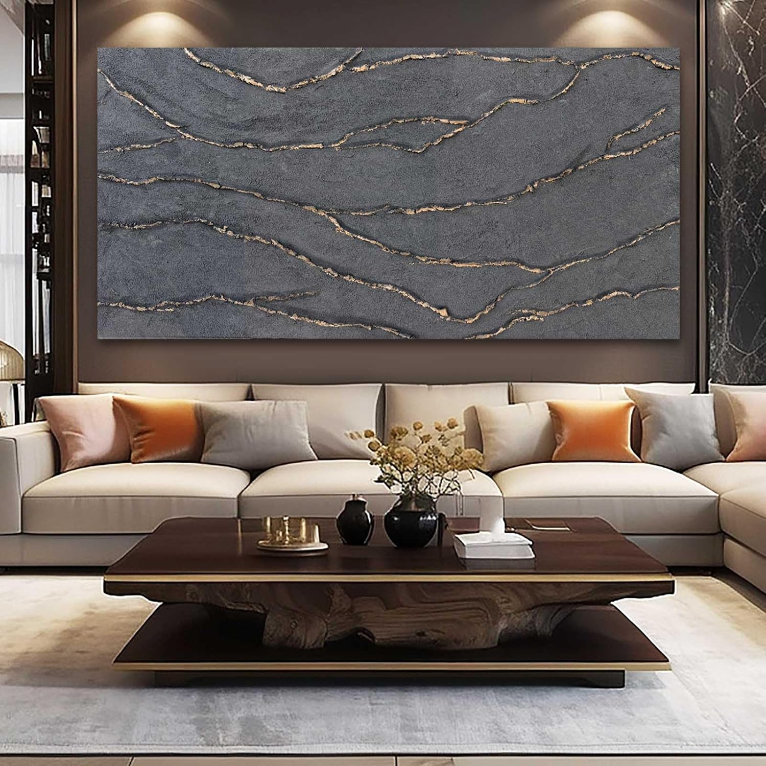 Hand Painted Gold Grey Textured Abstract Canvas Wall Art 29x58 Inch
