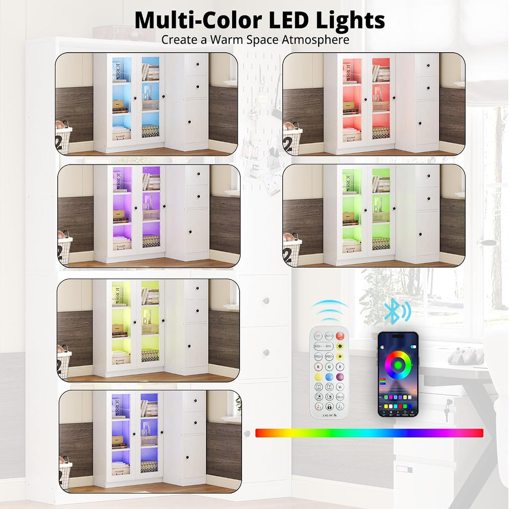White LED Corner Bookcase with Drawers