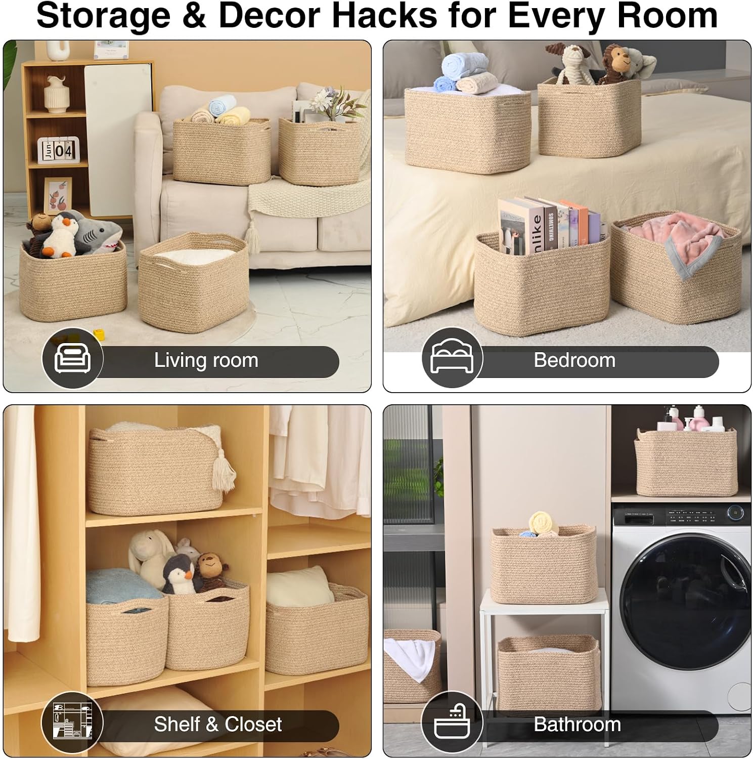 4 Pack Mixed Brown Cotton Rope Storage Baskets