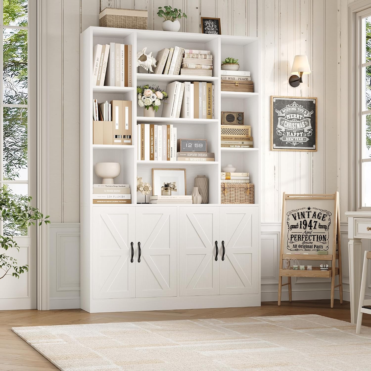 White Wide Farmhouse Bookcase with Doors