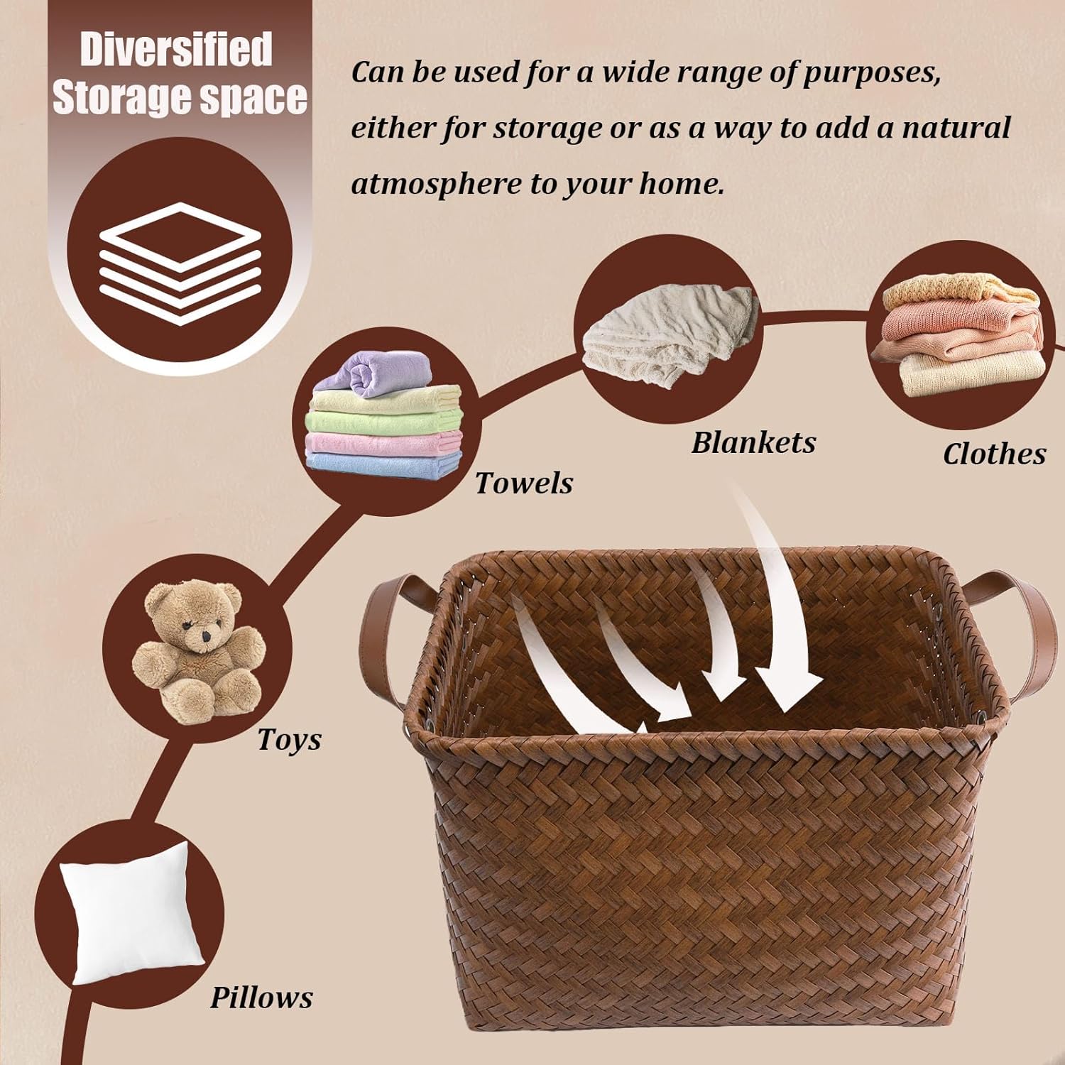 4 Pack Large Brown Wicker Laundry Storage Baskets