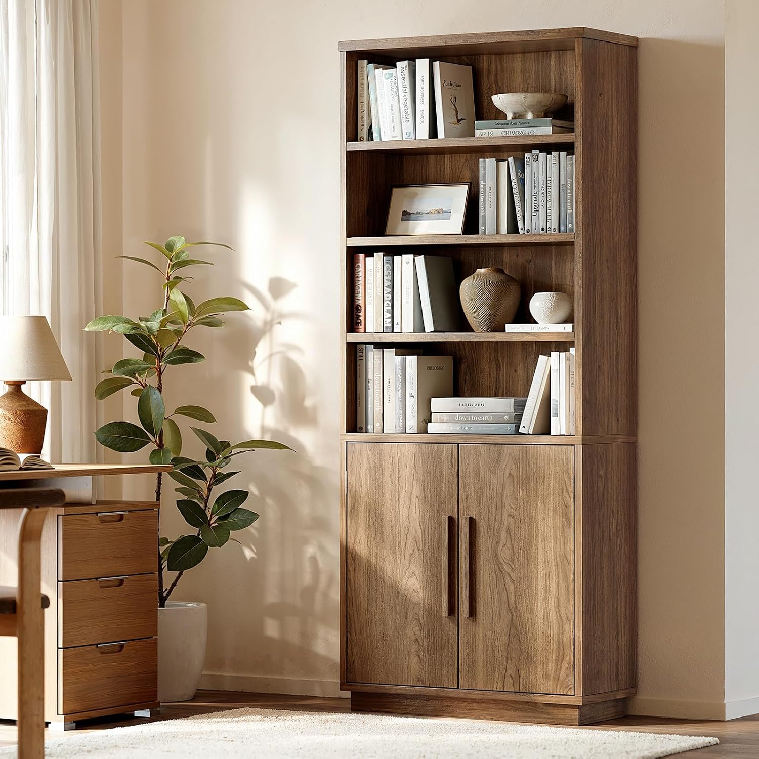 Walnut 7-Tier Storage Bookcase with Doors