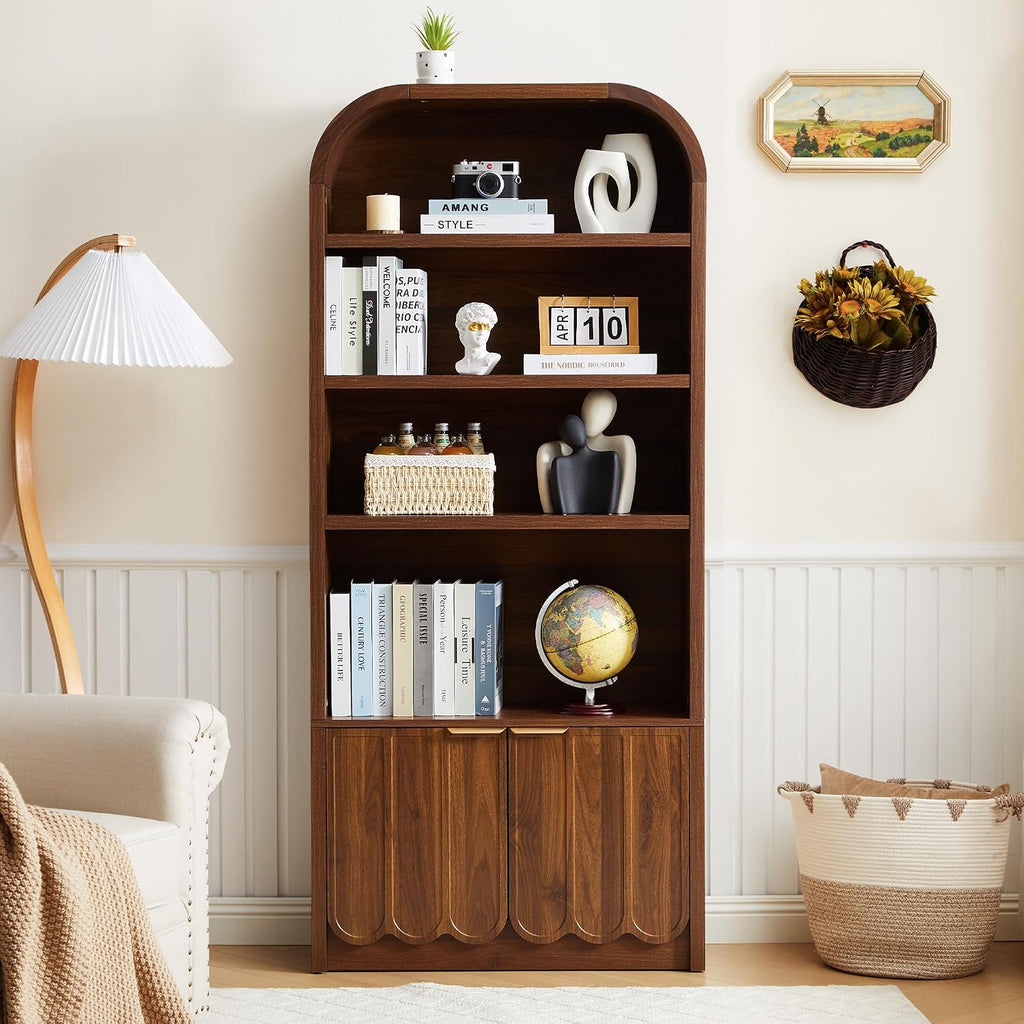 Walnut Arched Bookcase Gold Handle Doors