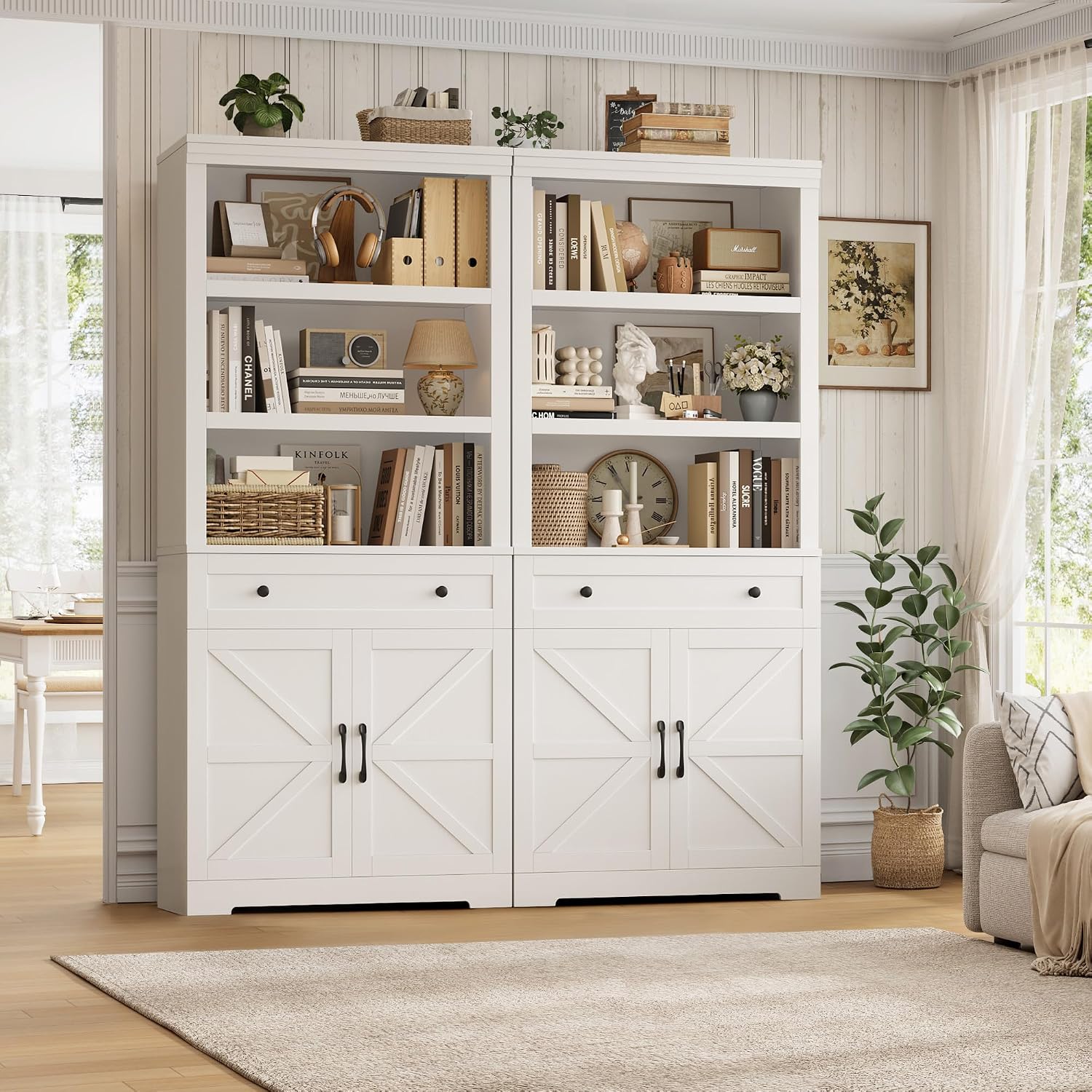 White Farmhouse Bookcase Drawer & Doors