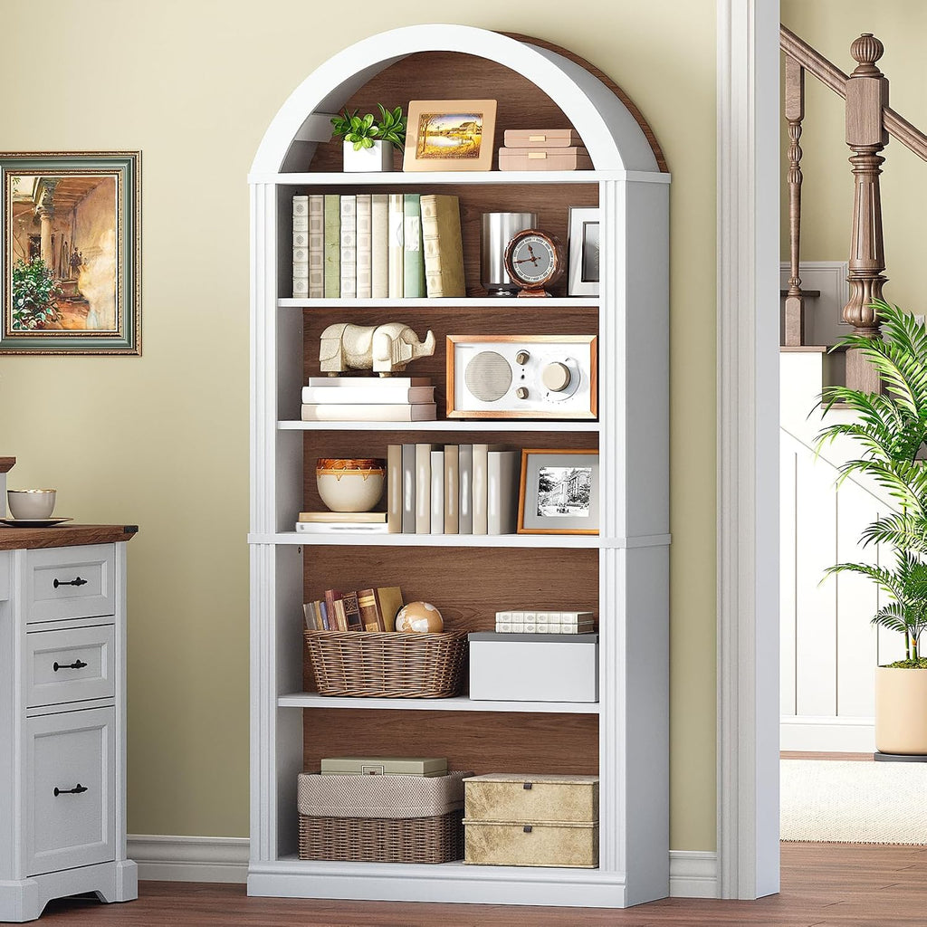 Walnut White Farmhouse Arched Bookcase