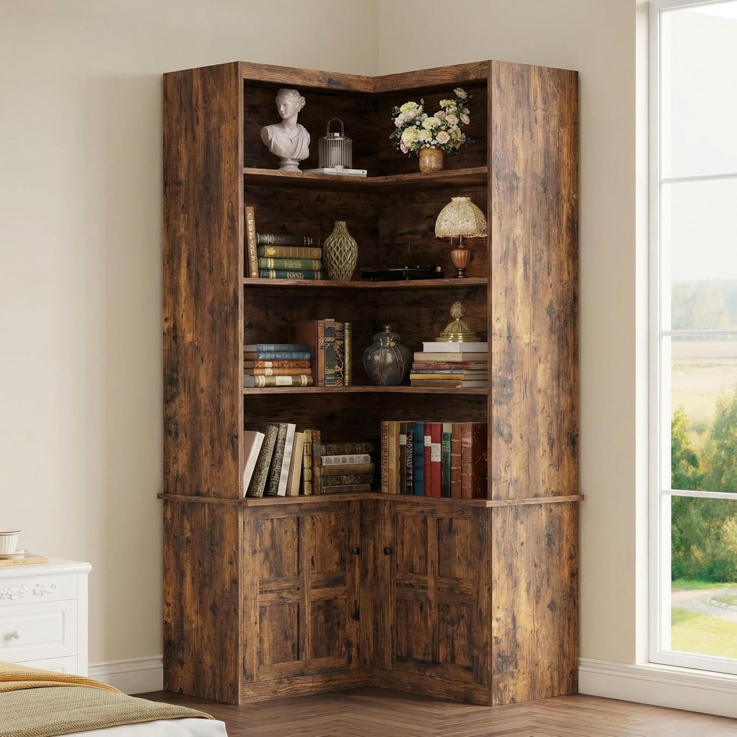 Vintage Brown L-Shaped Corner Bookcase