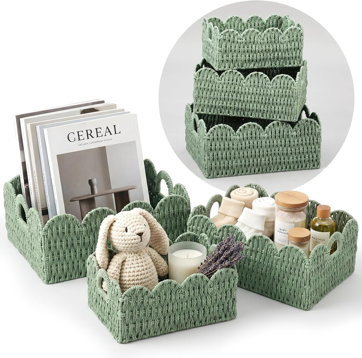 3 Pack Sage Green Paper Rope Baskets