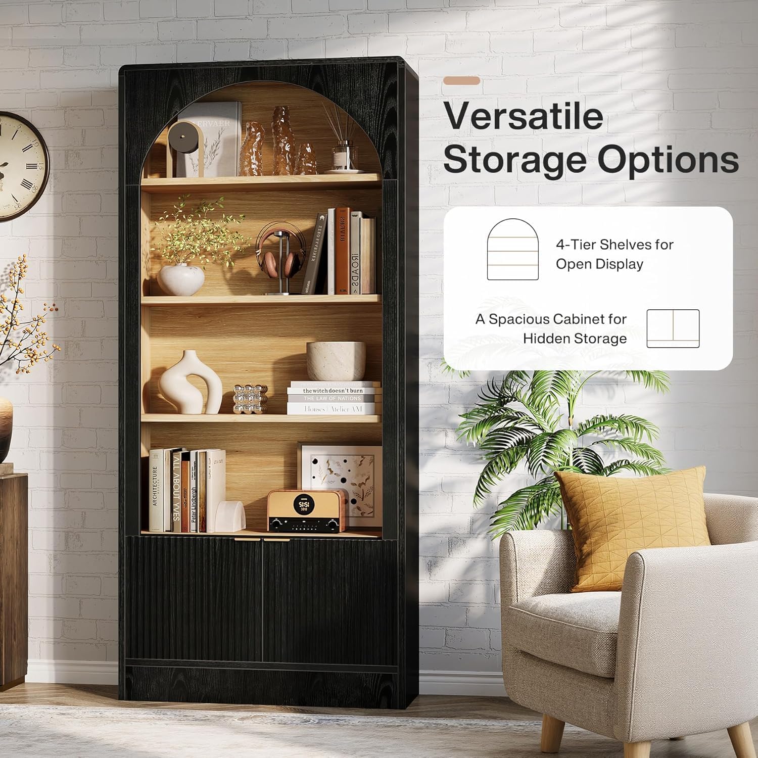 Arched 5-Tier Black Wooden Bookcase