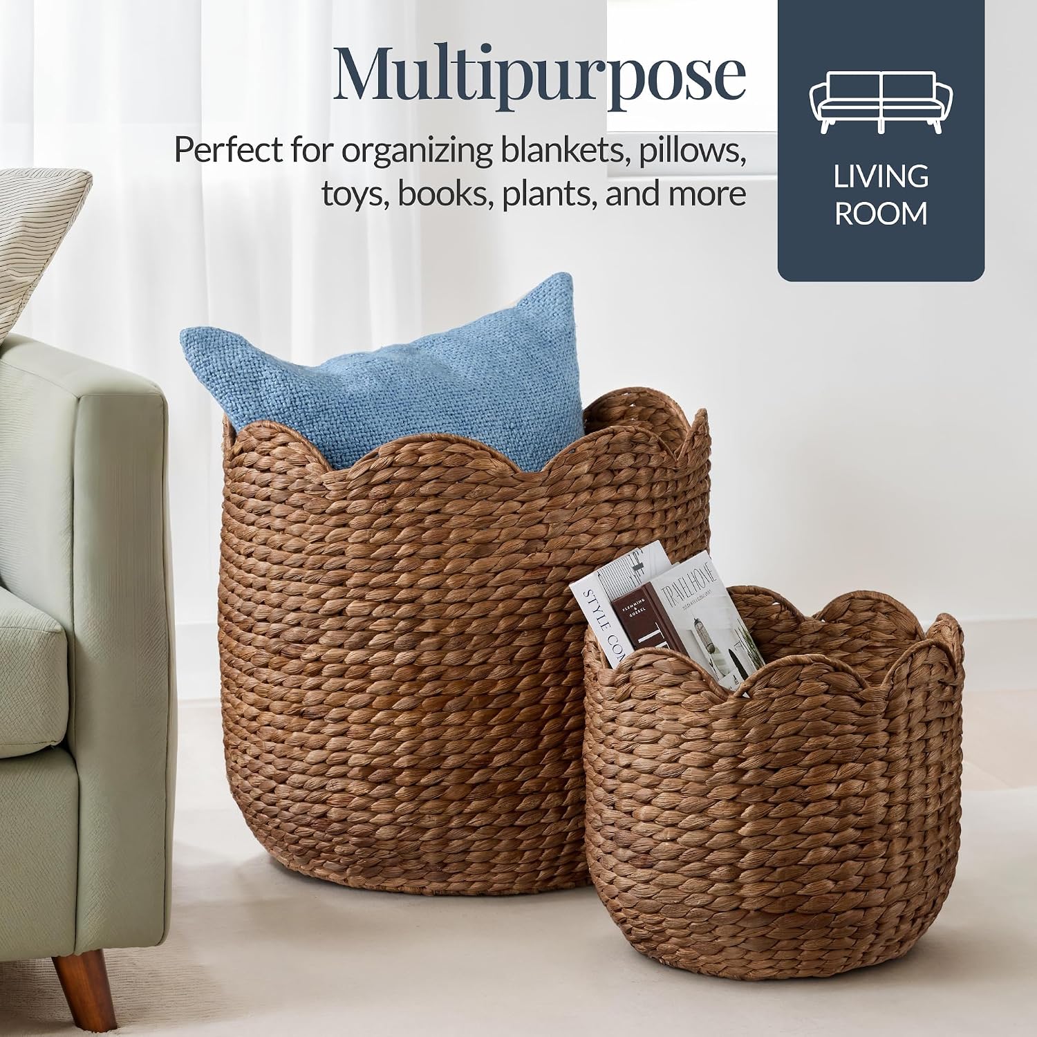 3 Pack Chestnut Scalloped Water Hyacinth Baskets