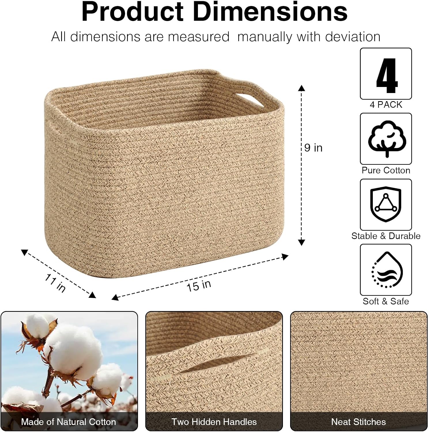 4 Pack Mixed Brown Cotton Rope Storage Baskets