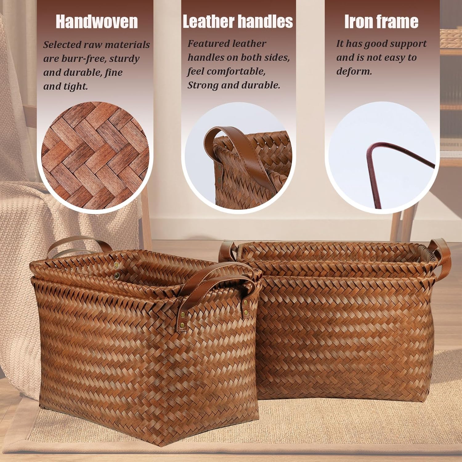 4 Pack Large Brown Wicker Laundry Storage Baskets