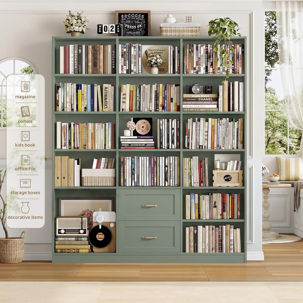 Green Triple Wide Bookcase with Drawers & Doors
