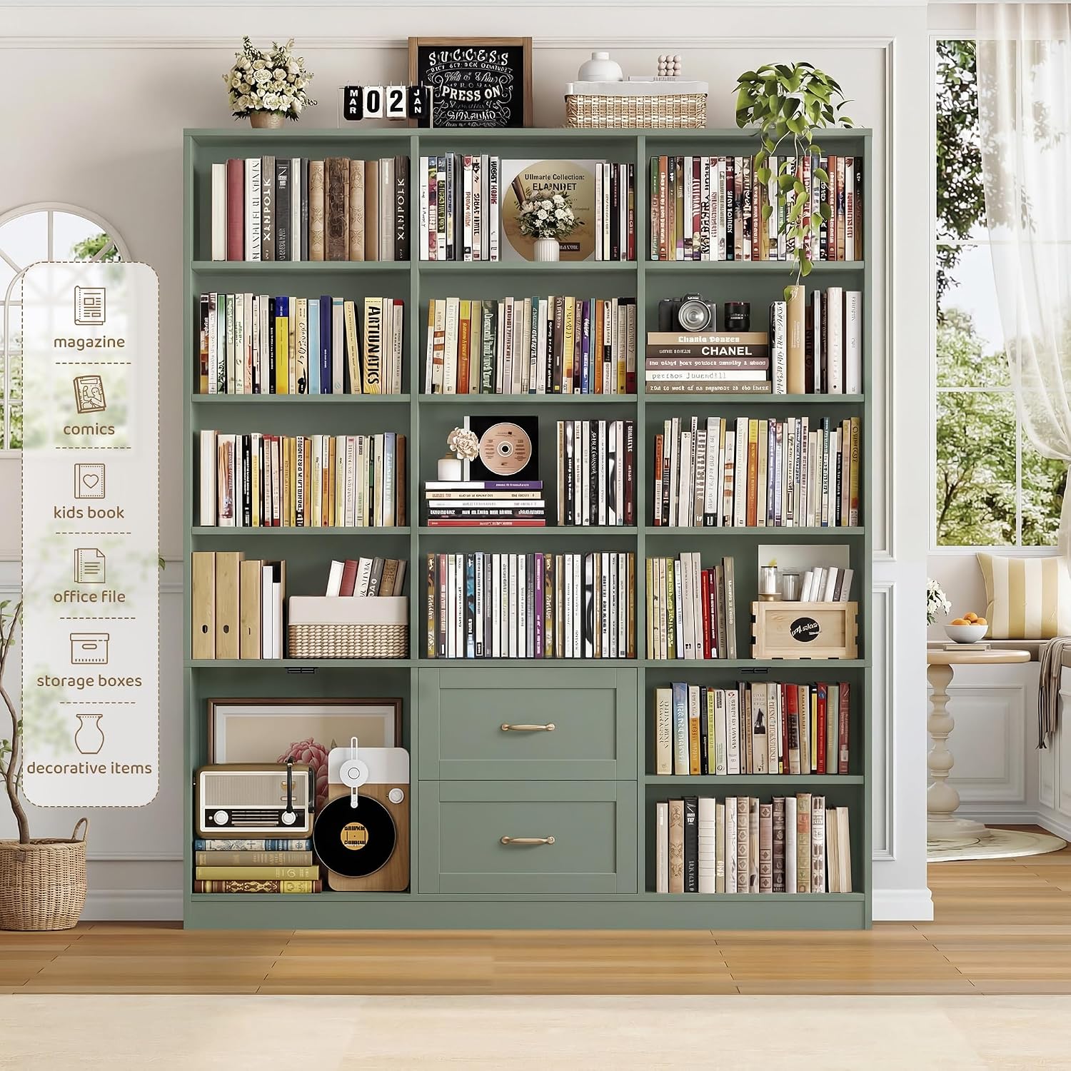 Green Triple Wide Bookcase with Drawers & Doors