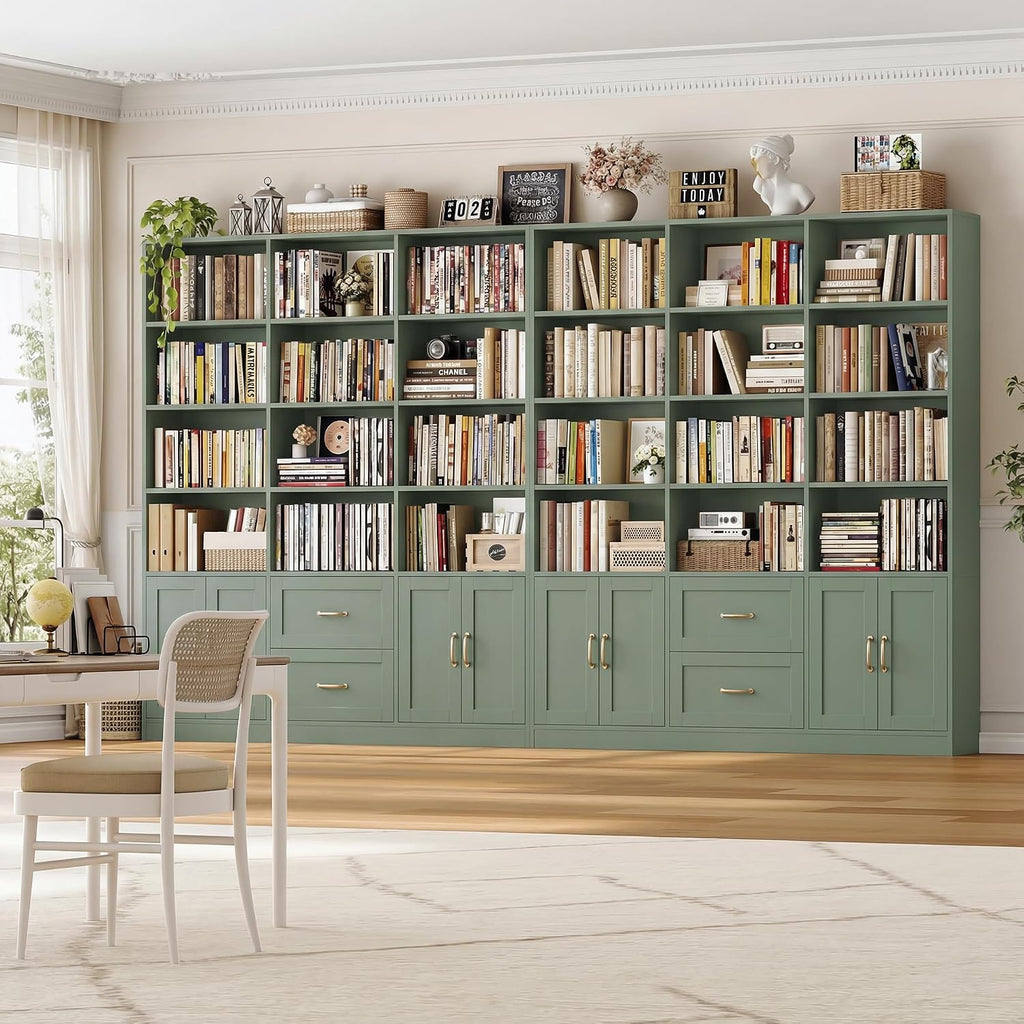 Green Triple Wide Bookcase with Drawers & Doors