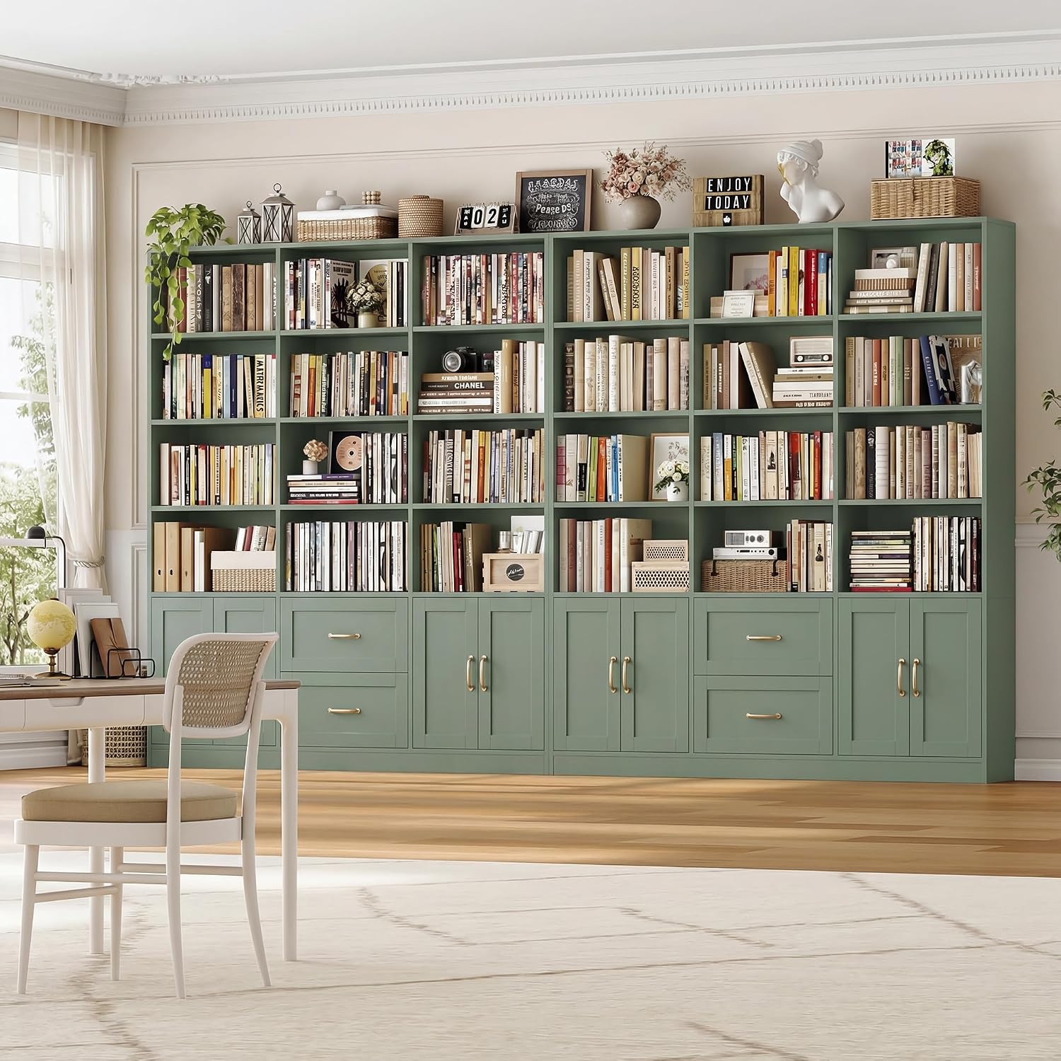 Green Triple Wide Bookcase with Drawers & Doors