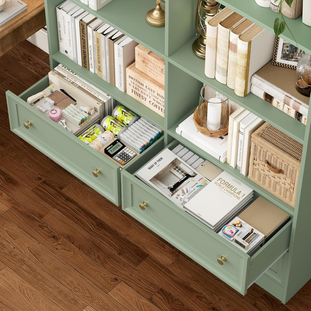 Green Double Wide Bookcase with Drawers
