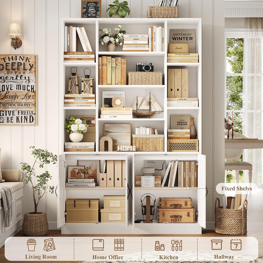 White Wide Farmhouse Bookcase with Doors