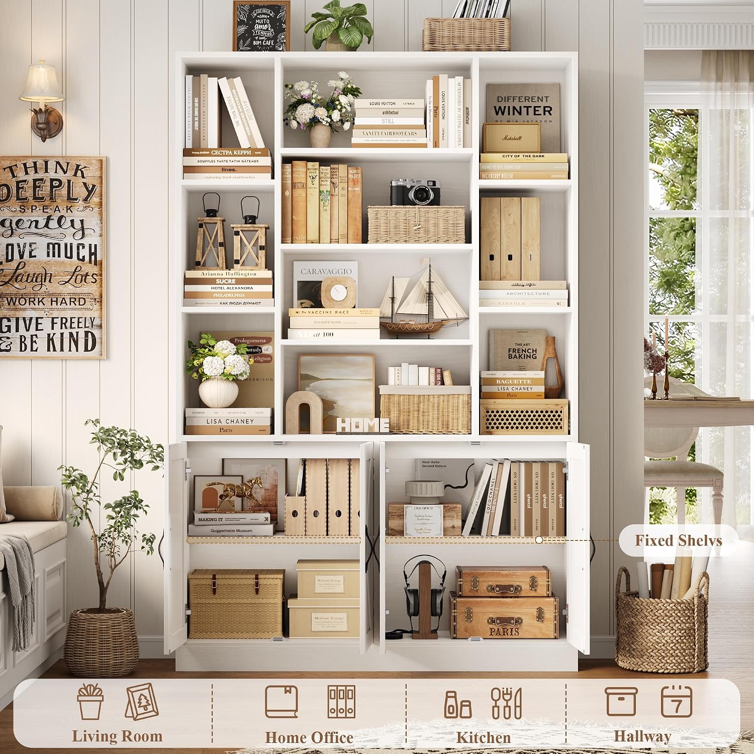 White Wide Farmhouse Bookcase with Doors