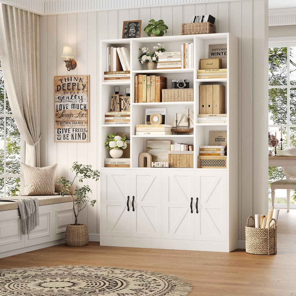 White Wide Farmhouse Bookcase with Doors