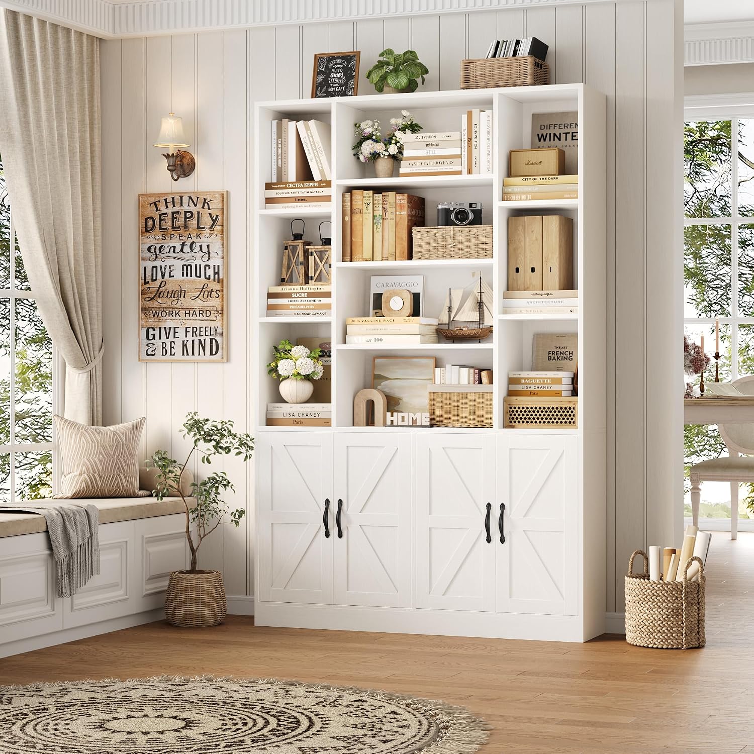 White Wide Farmhouse Bookcase with Doors