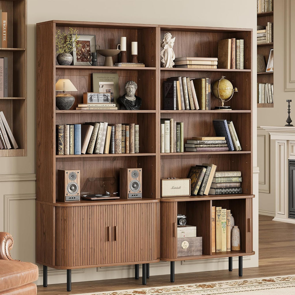 Fluted Walnut Bookcase with Sliding Door