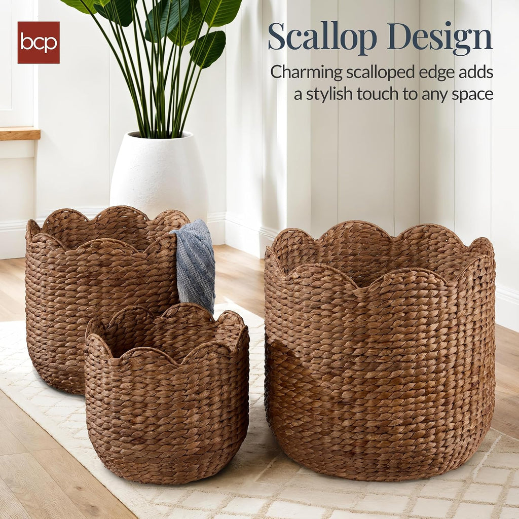 3 Pack Chestnut Scalloped Water Hyacinth Baskets