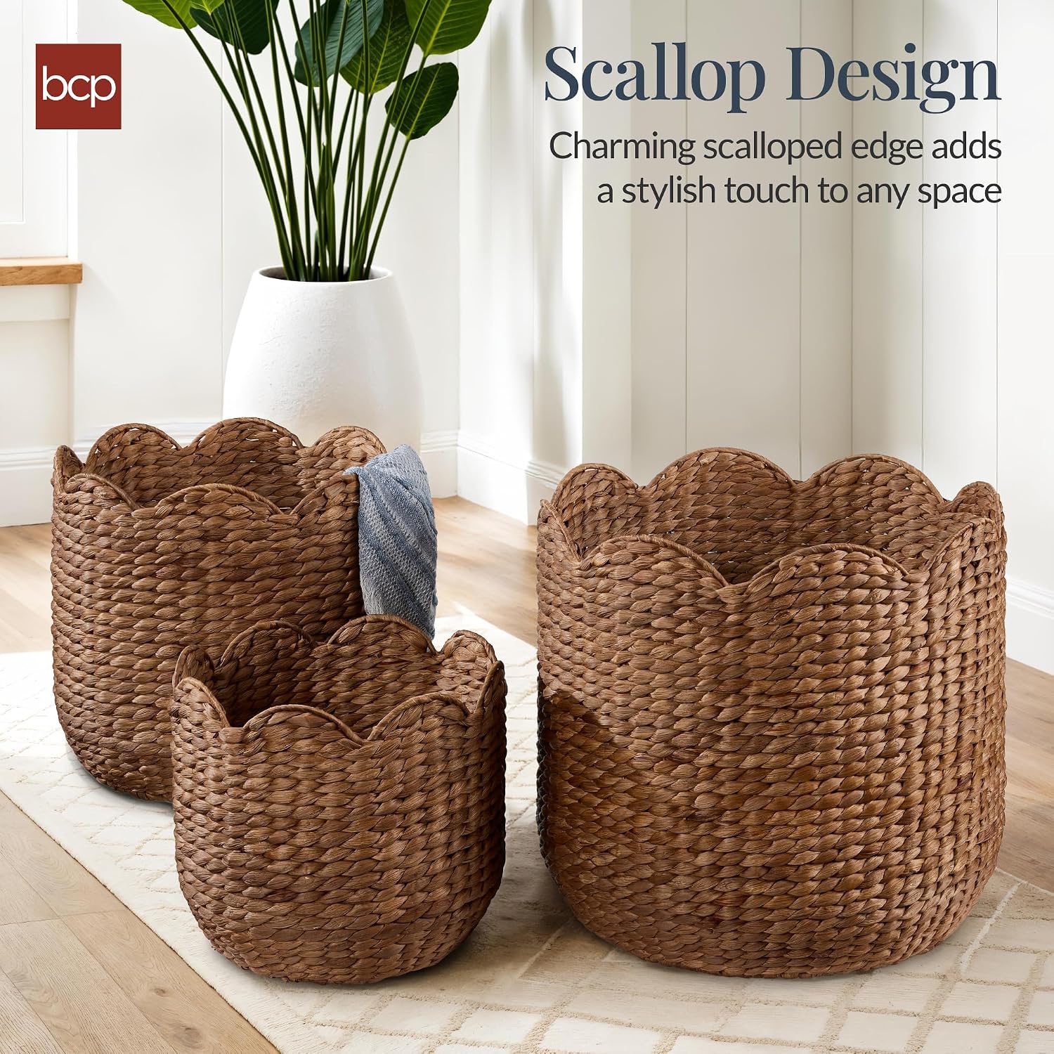 3 Pack Chestnut Scalloped Water Hyacinth Baskets