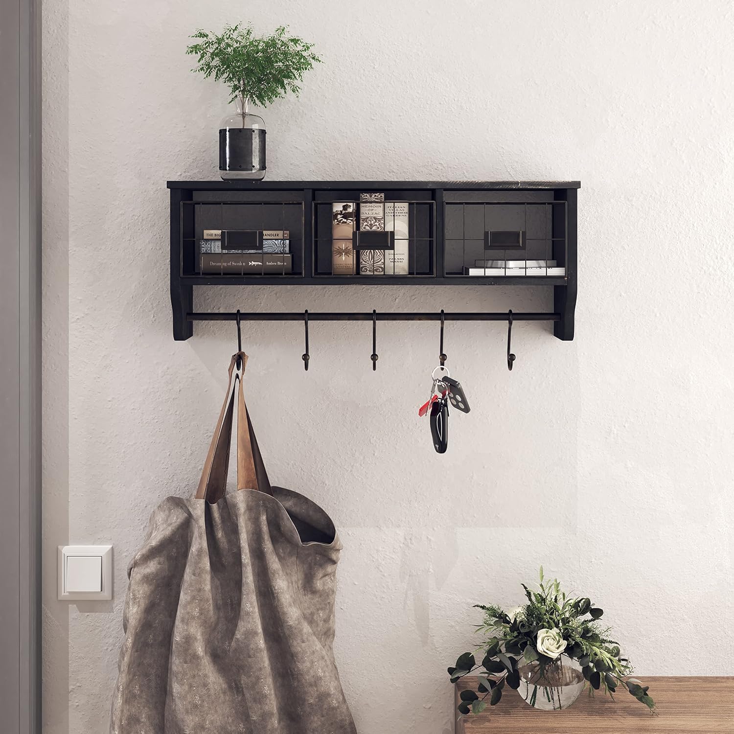 Rustic Blackwash Wood Wall Coat Shelf 24"